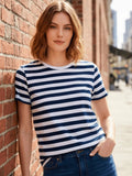 Camiseta Feminina Listrada de Manga Curta Grossa Camiseta Casual de Verão