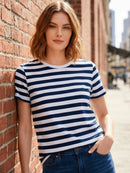 Camiseta Feminina Listrada de Manga Curta Grossa Camiseta Casual de Verão