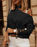 Blusa feminina moderna de manga comprida com detalhe de corrente diagonal nos ombros, estilo top ombro a ombro, blusa estilo camisa feminina.