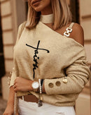 Blusa feminina moderna de manga comprida com detalhe de corrente diagonal nos ombros, estilo top ombro a ombro, blusa estilo camisa feminina.