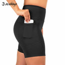 Shorts de ginástica femininos, calças de ioga elásticas, shorts com bolso portátil, leggings de corrida, respiráveis no verão.