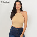 Blusa feminina sem mangas, modelo regata curto, estilo casual de verão, cropped, com gola alta sexy.