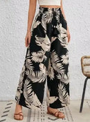 Calças Casuais de Pernas Largas com Cordão e Estampa de Folha Tropical para o Verão Feminina, com Bolsos, Cintura Alta e Soltinha