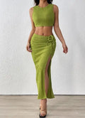 Conjunto Sexy de Verão 2 Peças com Textura Plissada, Top Regata Estilo Dopamina e Saia Justa Plissada que Abraça os Quadris