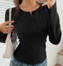 Camiseta Slim Fit de Cor Sólida Verão Camiseta Feminina Slim Fit Fina com Gola Redonda e Botão Manga Longa Casual Top de Cor Sólida