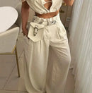 Casual Two Piece Pants Set outfits 2025 Solid Lapel V Neck Sleeveless Crop Top High Waist Pocket Wide Leg Pants Set Streetwear