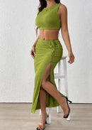 Conjunto Sexy de Verão 2 Peças com Textura Plissada, Top Regata Estilo Dopamina e Saia Justa Plissada que Abraça os Quadris