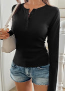 Camiseta Slim Fit de Cor Sólida Verão Camiseta Feminina Slim Fit Fina com Gola Redonda e Botão Manga Longa Casual Top de Cor Sólida