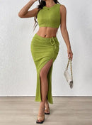Conjunto Sexy de Verão 2 Peças com Textura Plissada, Top Regata Estilo Dopamina e Saia Justa Plissada que Abraça os Quadris