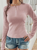 Camiseta Slim Fit de Cor Sólida Verão Camiseta Feminina Slim Fit Fina com Gola Redonda e Botão Manga Longa Casual Top de Cor Sólida