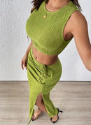 Conjunto Sexy de Verão 2 Peças com Textura Plissada, Top Regata Estilo Dopamina e Saia Justa Plissada que Abraça os Quadris