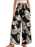 Calças Casuais de Pernas Largas com Cordão e Estampa de Folha Tropical para o Verão Feminina, com Bolsos, Cintura Alta e Soltinha