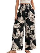 Calças Casuais de Pernas Largas com Cordão e Estampa de Folha Tropical para o Verão Feminina, com Bolsos, Cintura Alta e Soltinha