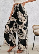 Calças Casuais de Pernas Largas com Cordão e Estampa de Folha Tropical para o Verão Feminina, com Bolsos, Cintura Alta e Soltinha