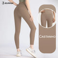 Calça legging feminina de cintura alta e modelagem slim para ioga, controle abdominal e academia.
