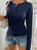 Camiseta Slim Fit de Cor Sólida Verão Camiseta Feminina Slim Fit Fina com Gola Redonda e Botão Manga Longa Casual Top de Cor Sólida