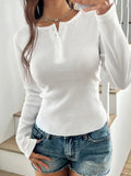 Camiseta Slim Fit de Cor Sólida Verão Camiseta Feminina Slim Fit Fina com Gola Redonda e Botão Manga Longa Casual Top de Cor Sólida