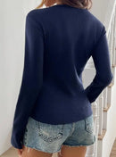 Camiseta Slim Fit de Cor Sólida Verão Camiseta Feminina Slim Fit Fina com Gola Redonda e Botão Manga Longa Casual Top de Cor Sólida