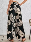 Calças Casuais de Pernas Largas com Cordão e Estampa de Folha Tropical para o Verão Feminina, com Bolsos, Cintura Alta e Soltinha