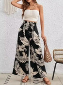 Calças Casuais de Pernas Largas com Cordão e Estampa de Folha Tropical para o Verão Feminina, com Bolsos, Cintura Alta e Soltinha