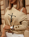 Blusa feminina moderna de manga comprida com detalhe de corrente diagonal nos ombros, estilo top ombro a ombro, blusa estilo camisa feminina.
