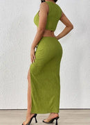 Conjunto Sexy de Verão 2 Peças com Textura Plissada, Top Regata Estilo Dopamina e Saia Justa Plissada que Abraça os Quadris