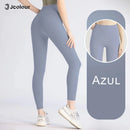 Calça legging feminina de cintura alta e modelagem slim para ioga, controle abdominal e academia.