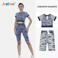 Conjunto de camiseta cropped camuflada e shorts capri com frete grátis, ideal para academia e esportes.