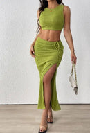 Conjunto Sexy de Verão 2 Peças com Textura Plissada, Top Regata Estilo Dopamina e Saia Justa Plissada que Abraça os Quadris